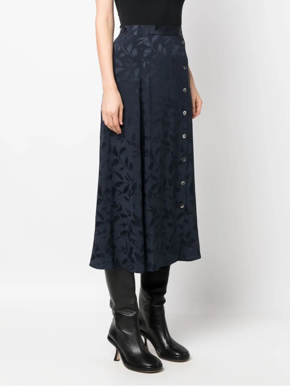 Zadig & Voltaire Navy Floral June Jac Ikat Silk Button-Trim Midi Skirt Size 2/34
